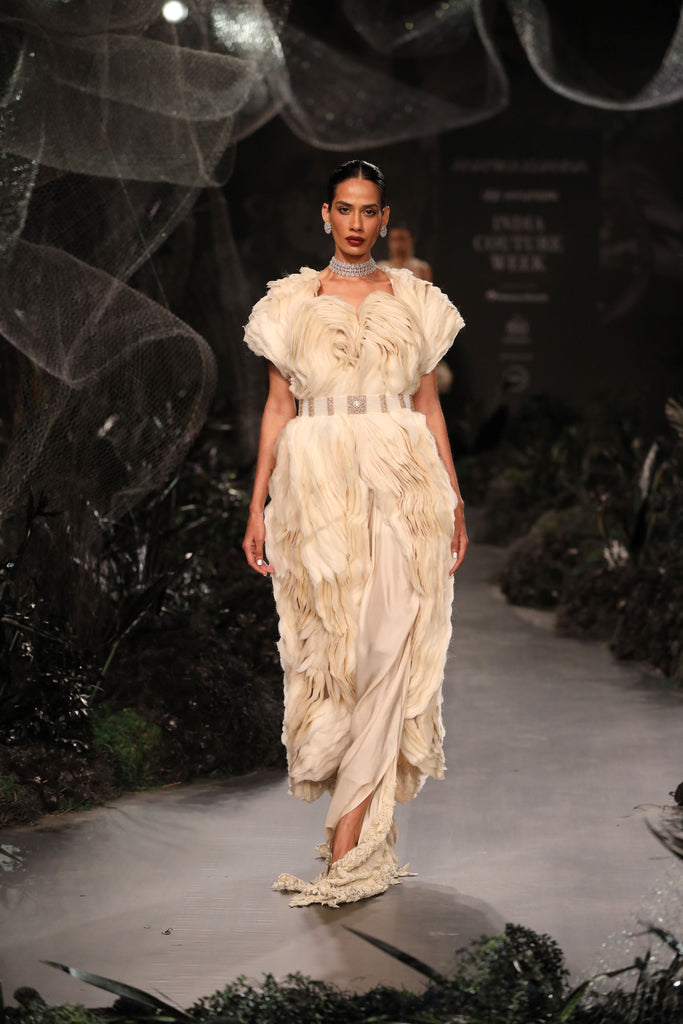 Textured coat with draped skirt set