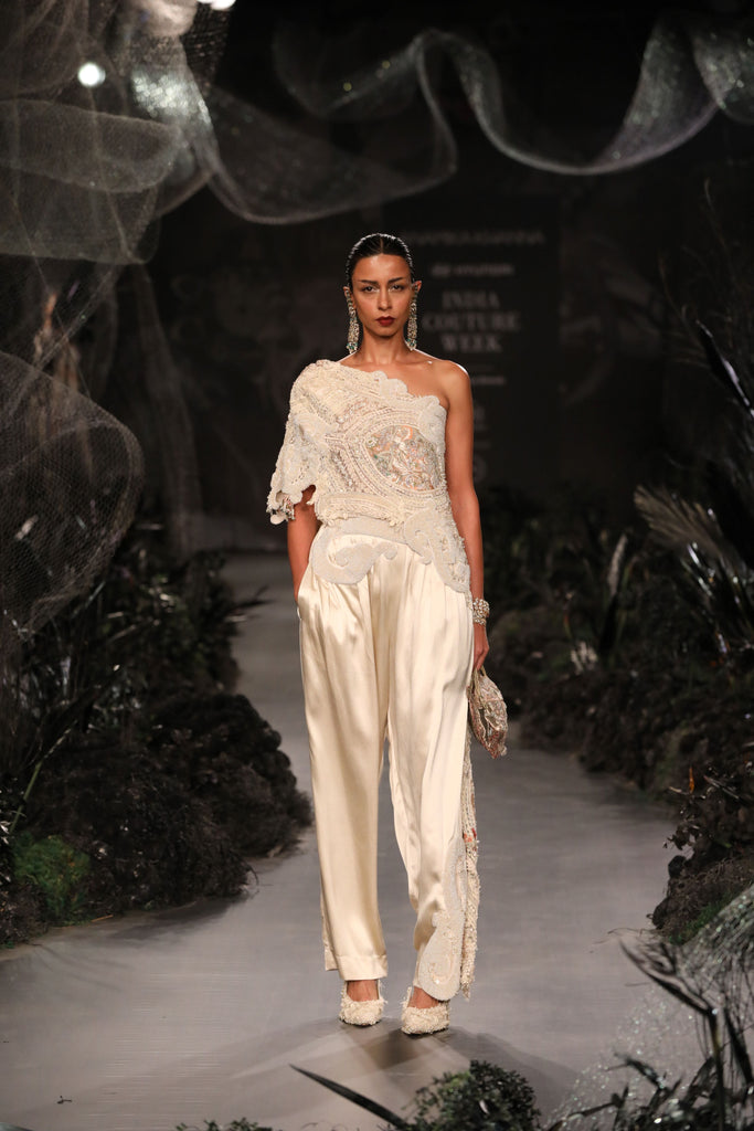 Lace Embroidered one shoulder with applique pants set