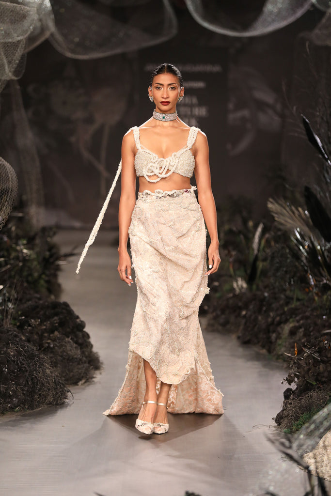 Pearl embroiderd blouse with chikankari draped skirt set