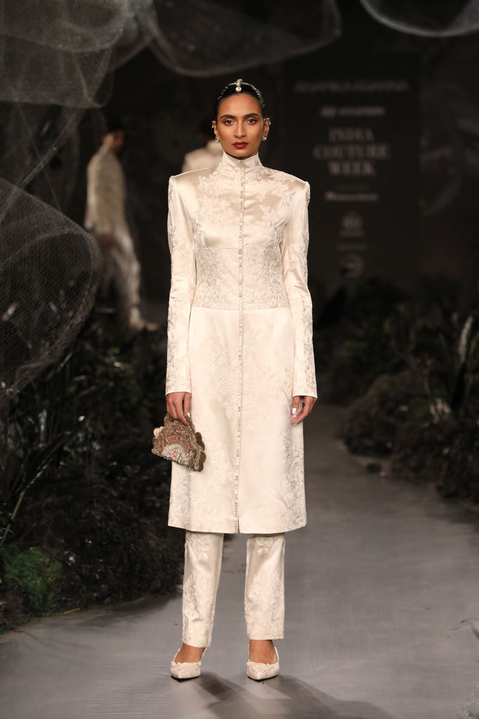 Satin bandhgala with embroidered pants set