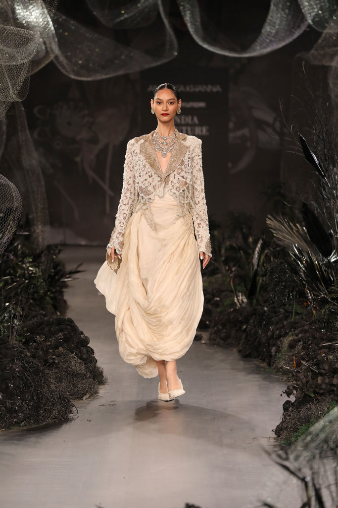 Embroidered short jacket with organza skirt