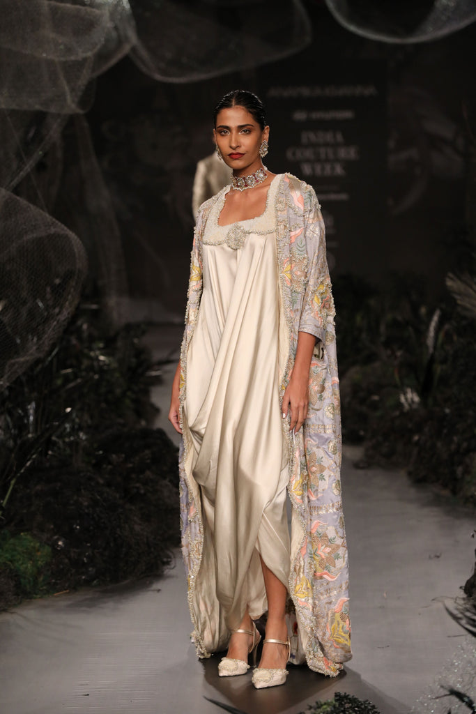 Floral kali cape with satin draped dress set