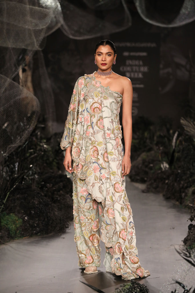 Tapestry embroidered one shoulder with pants set