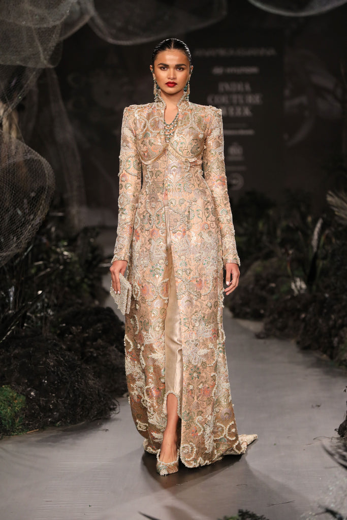 Brocade long coat with gold pants set