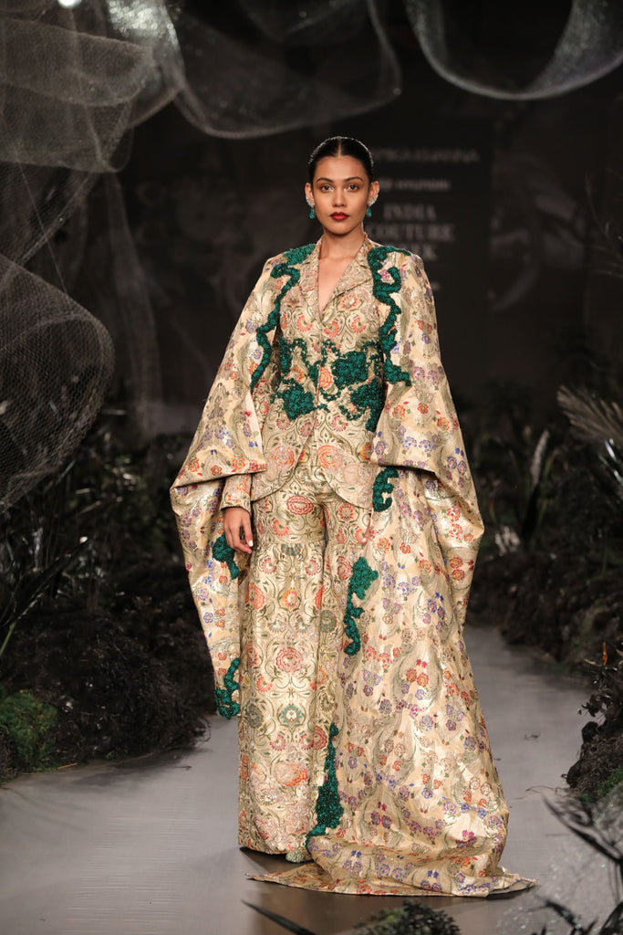 Brocade blazer sharara with cape set