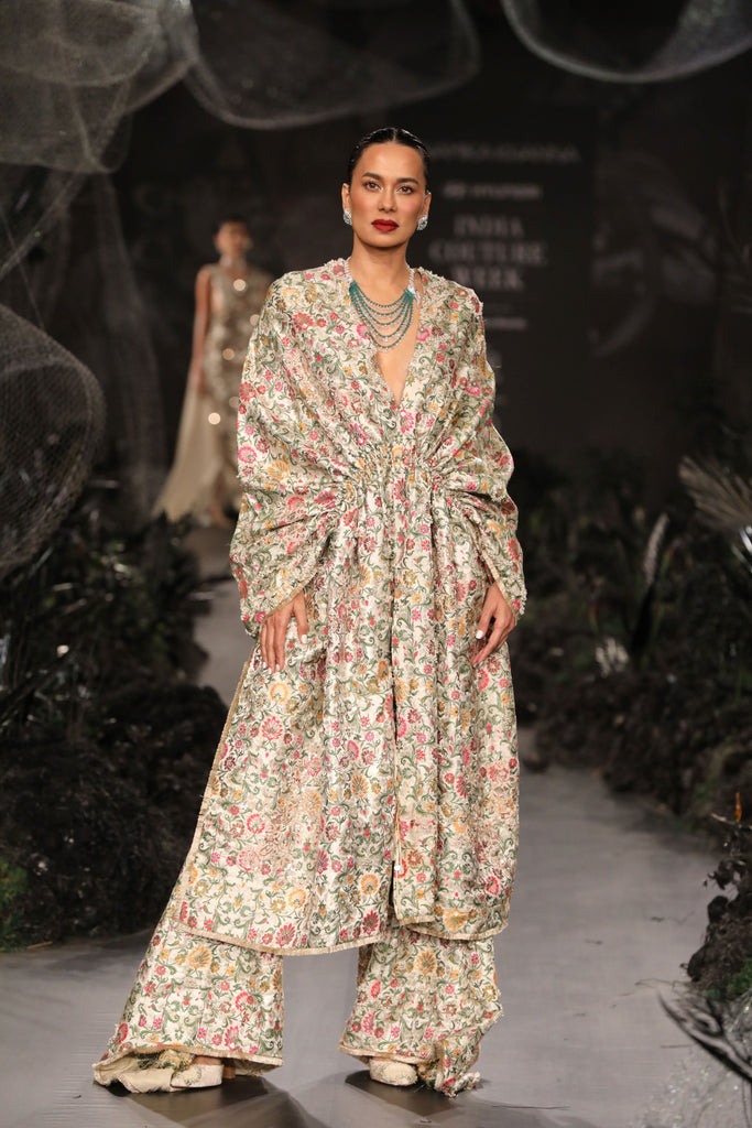 Brocade drawstring cape and sharara set