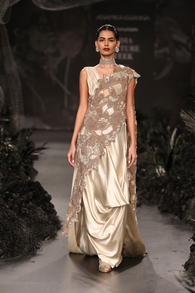 Gold zardosi drape with skirt set