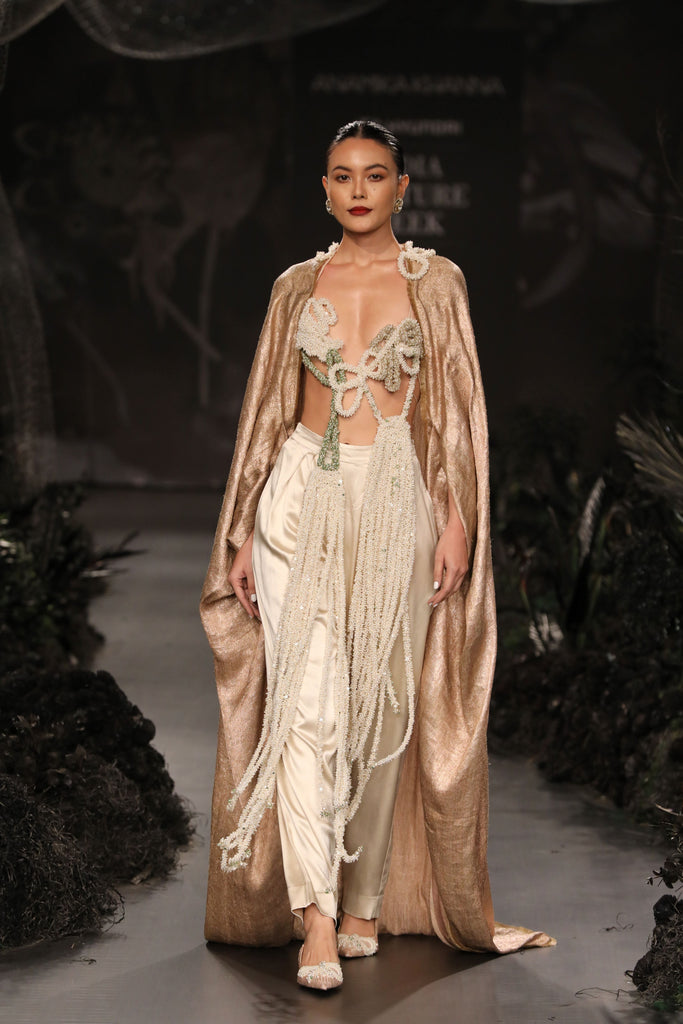 Copper aari cape with satin pants set