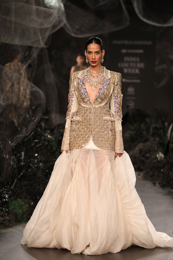 Gold blazer with skirt set