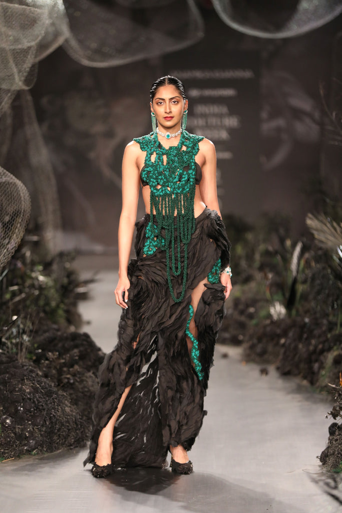 Emerald beadwork neckline with skirt set