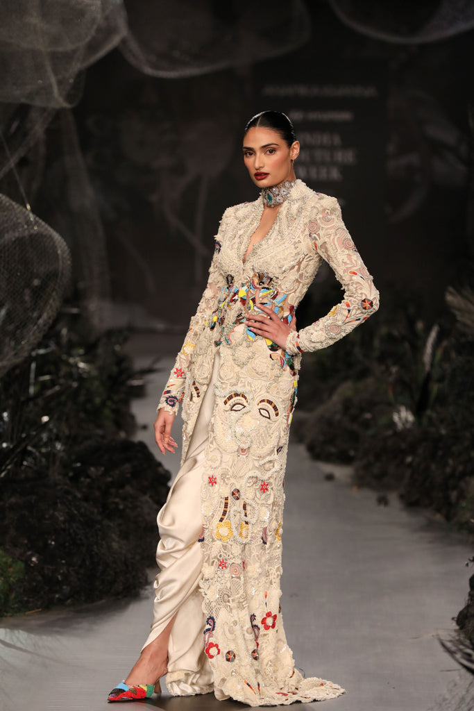 Lace longcoat with draped skirt set