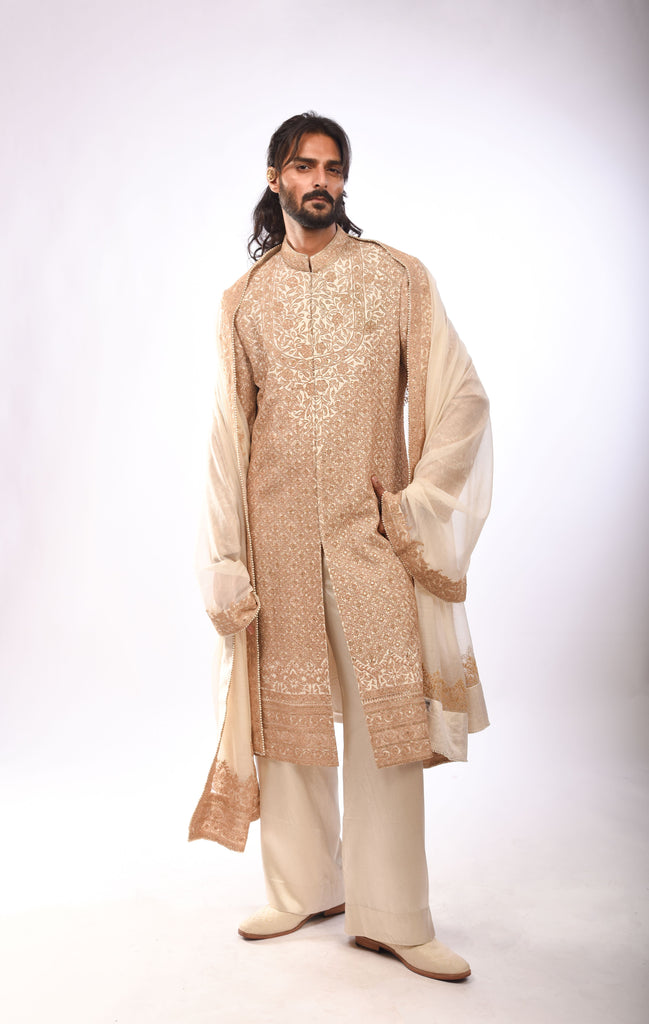 Check Embroidery Achkan Set