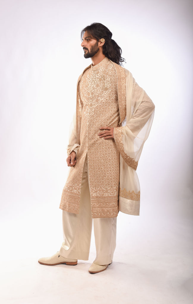Check Embroidery Achkan Set