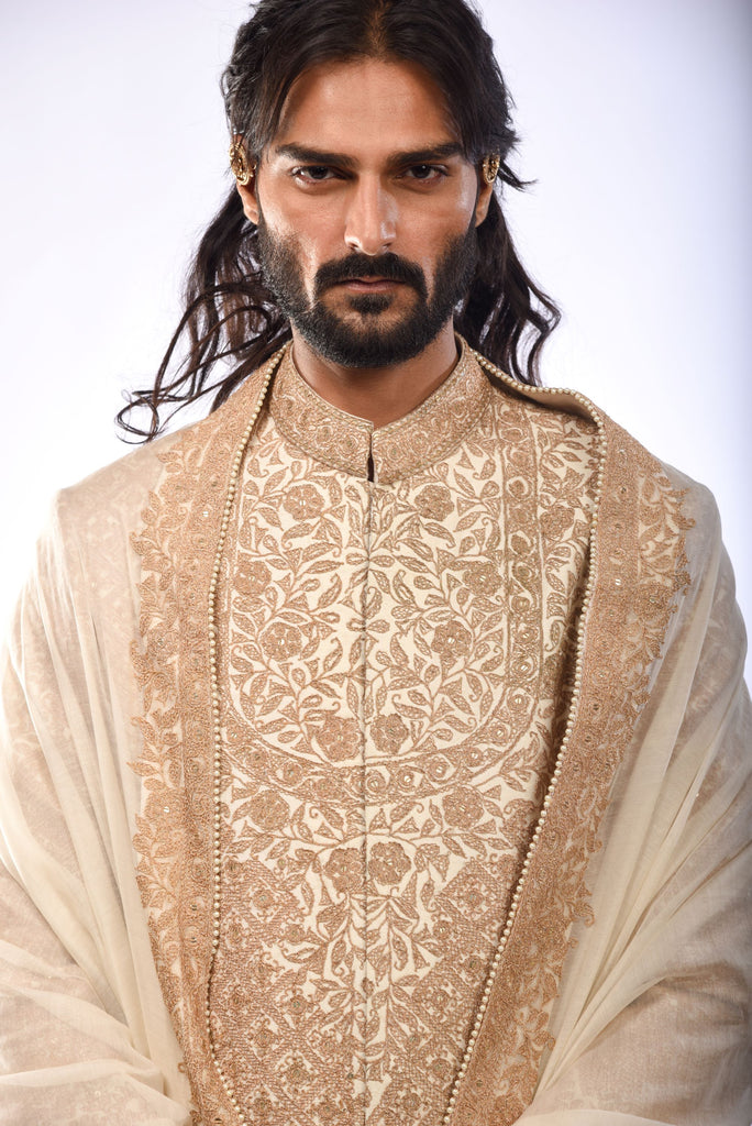 Check Embroidery Achkan Set