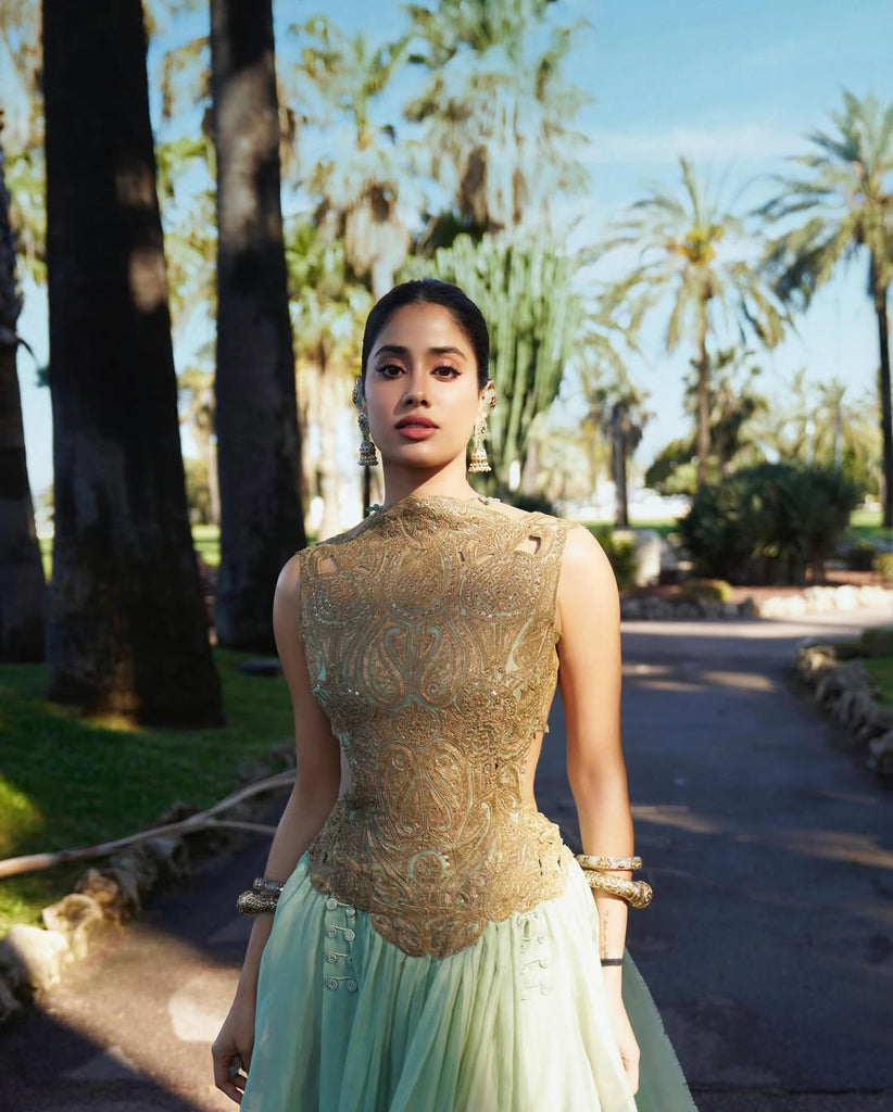 Backless gown with front yoke embroidery