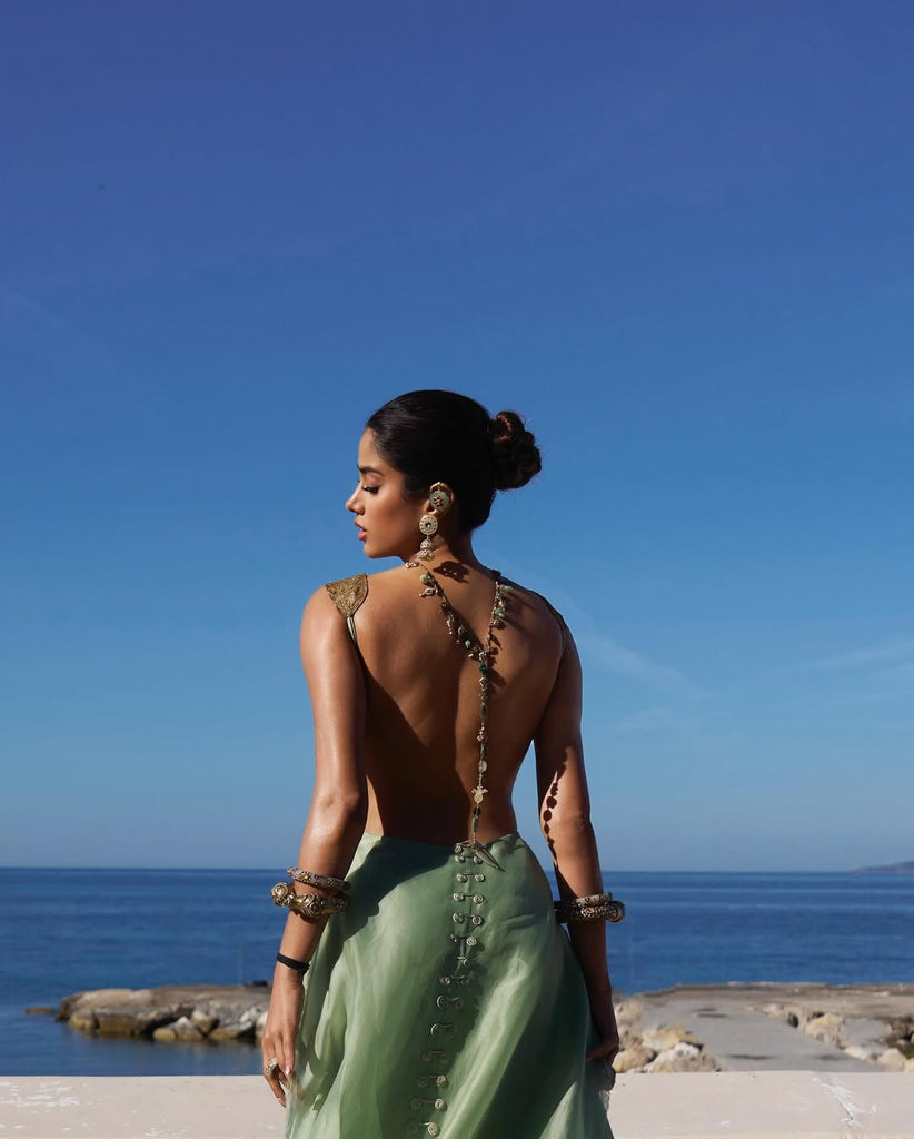 Backless gown with front yoke embroidery