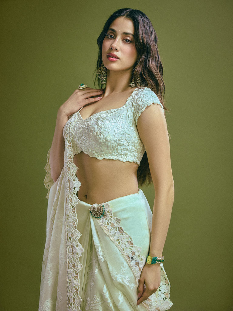 chikankari on sheer organza sari With embroidered chikankari blouse