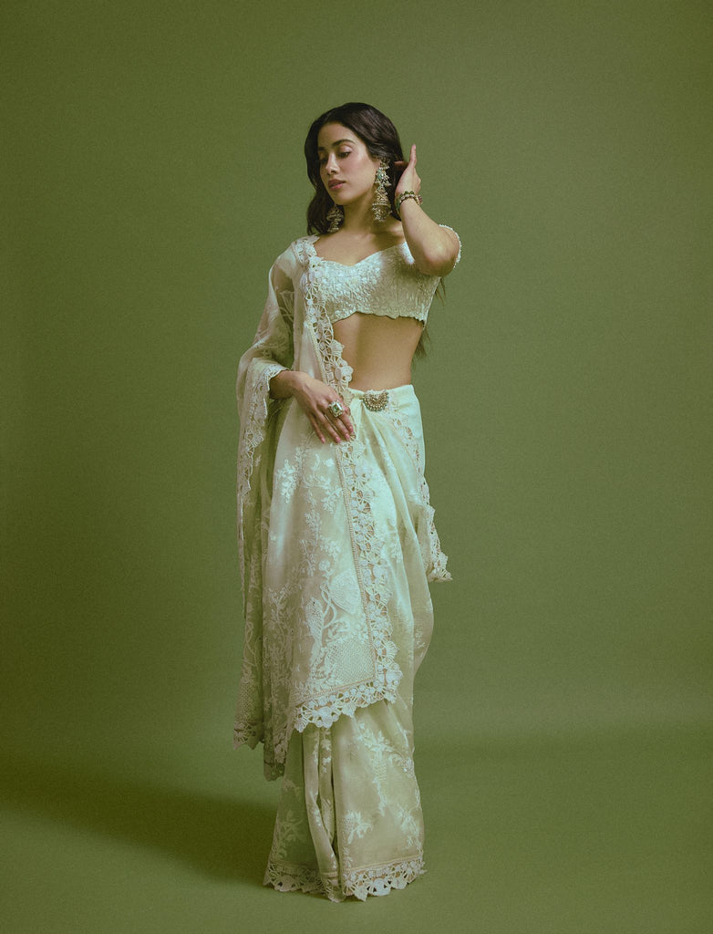 chikankari on sheer organza sari With embroidered chikankari blouse