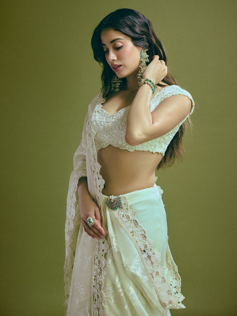 chikankari on sheer organza sari With embroidered chikankari blouse