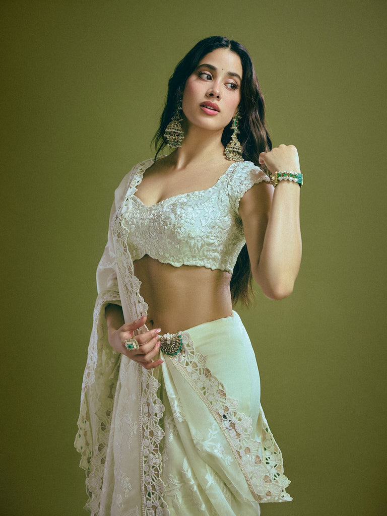chikankari on sheer organza sari With embroidered chikankari blouse