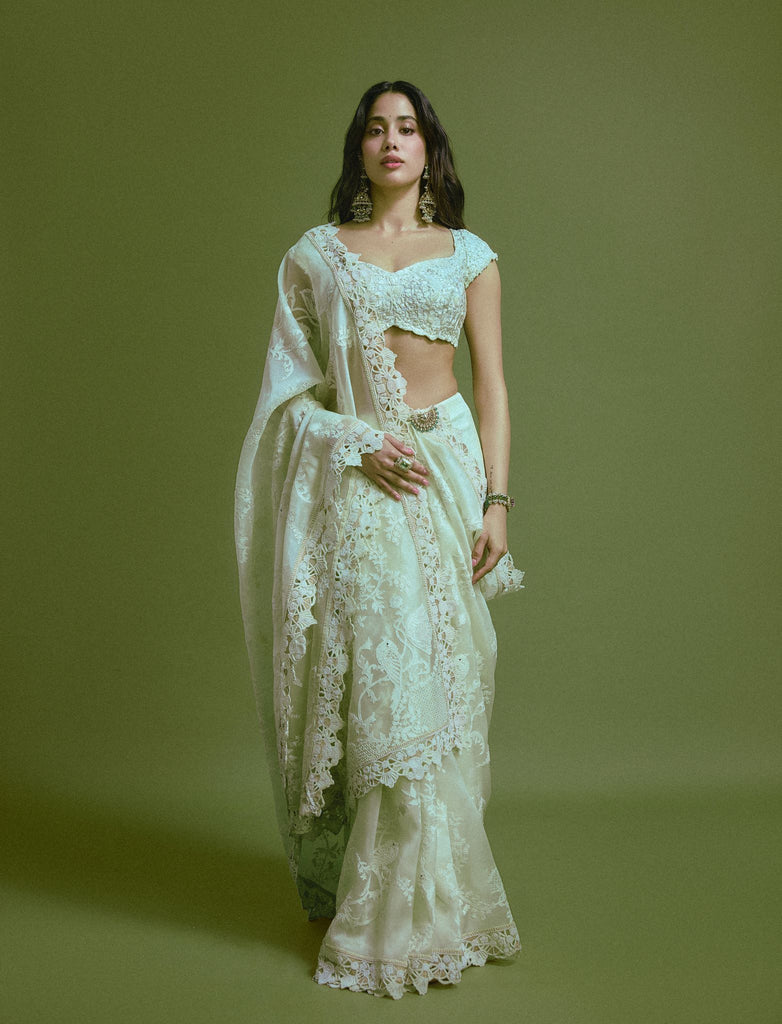chikankari on sheer organza sari With embroidered chikankari blouse