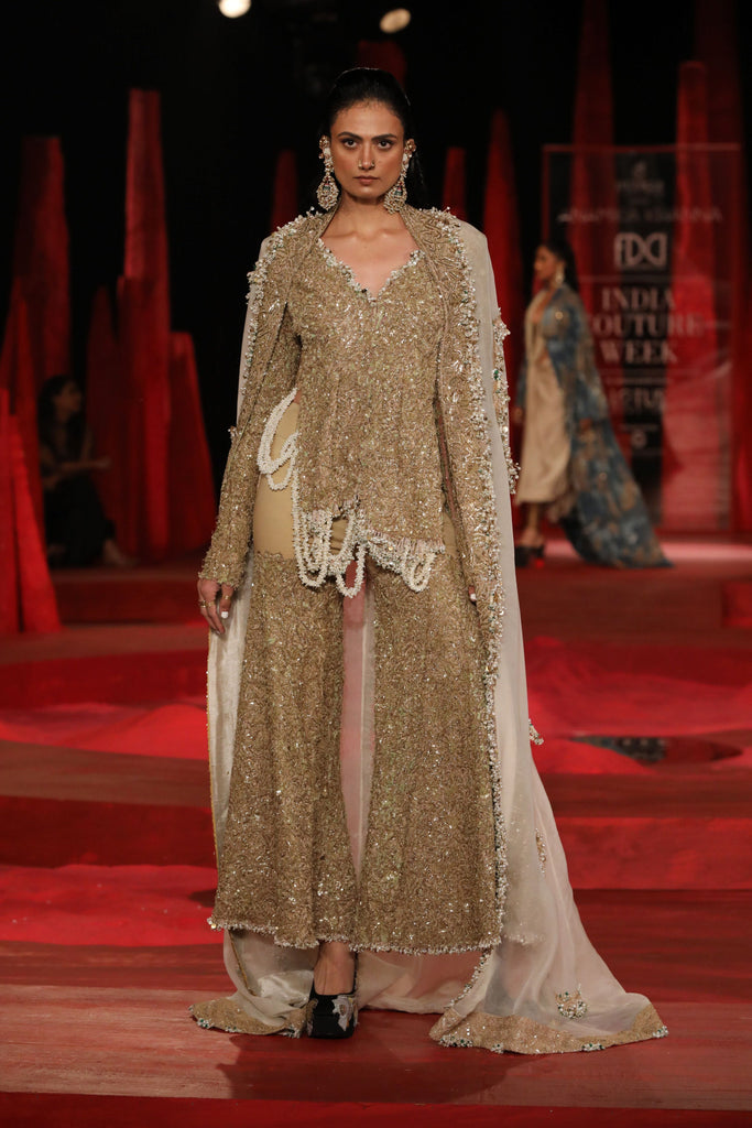 Zardosi gold embroidered floor length cape set