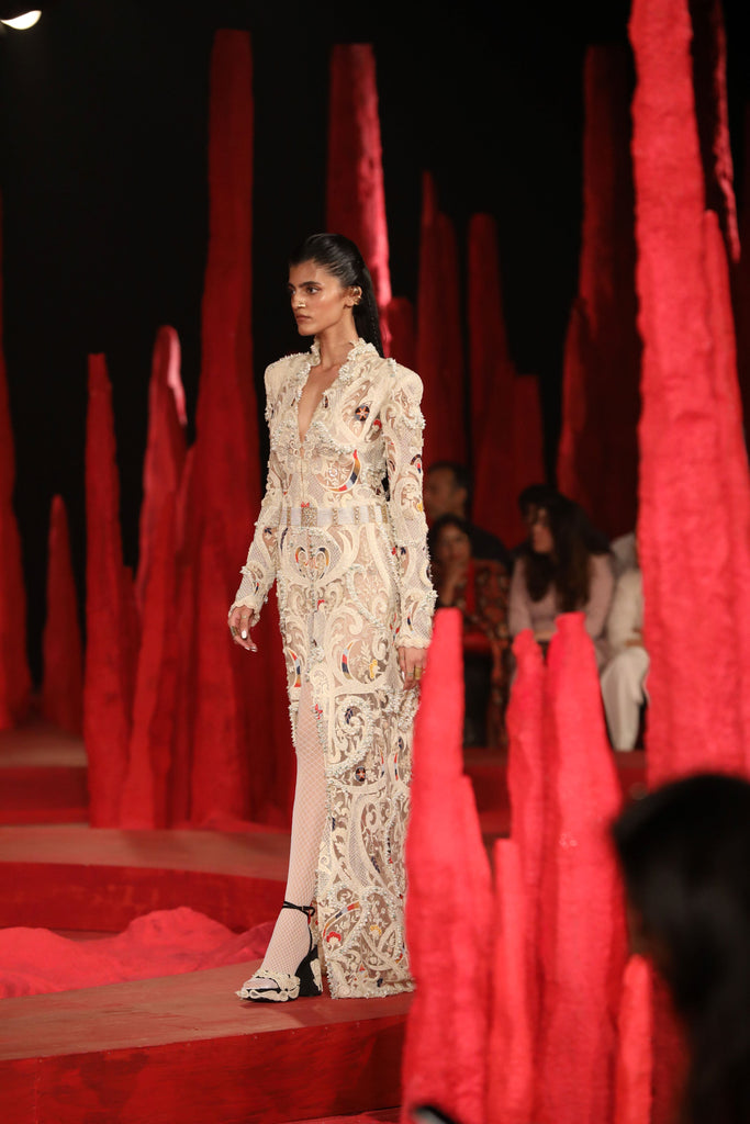 Lace embroidered long coat set