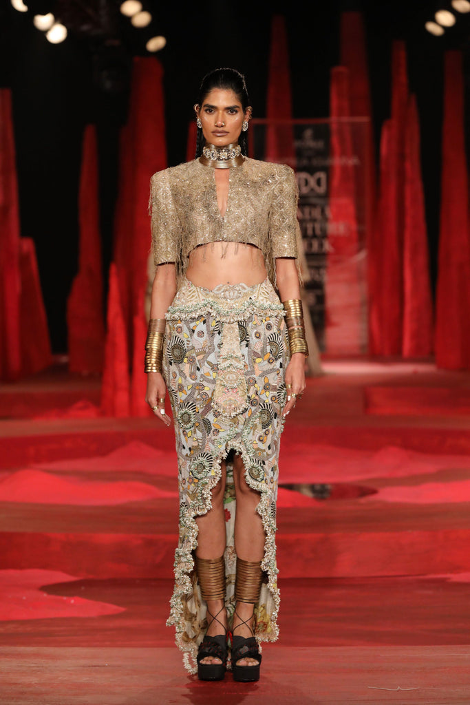 Gold dori short jacket with with draped skirt set