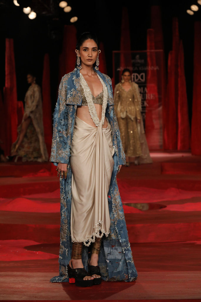 Denim zardosi floral coat with draped dress set