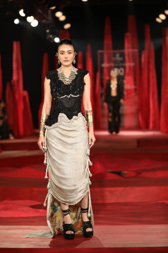 Floral sequins embroidered top with cowl skirt set