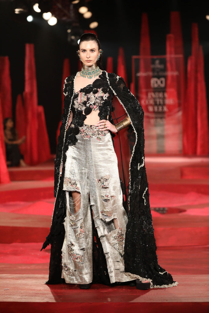 Floral with sequins embriodered floor length cape set