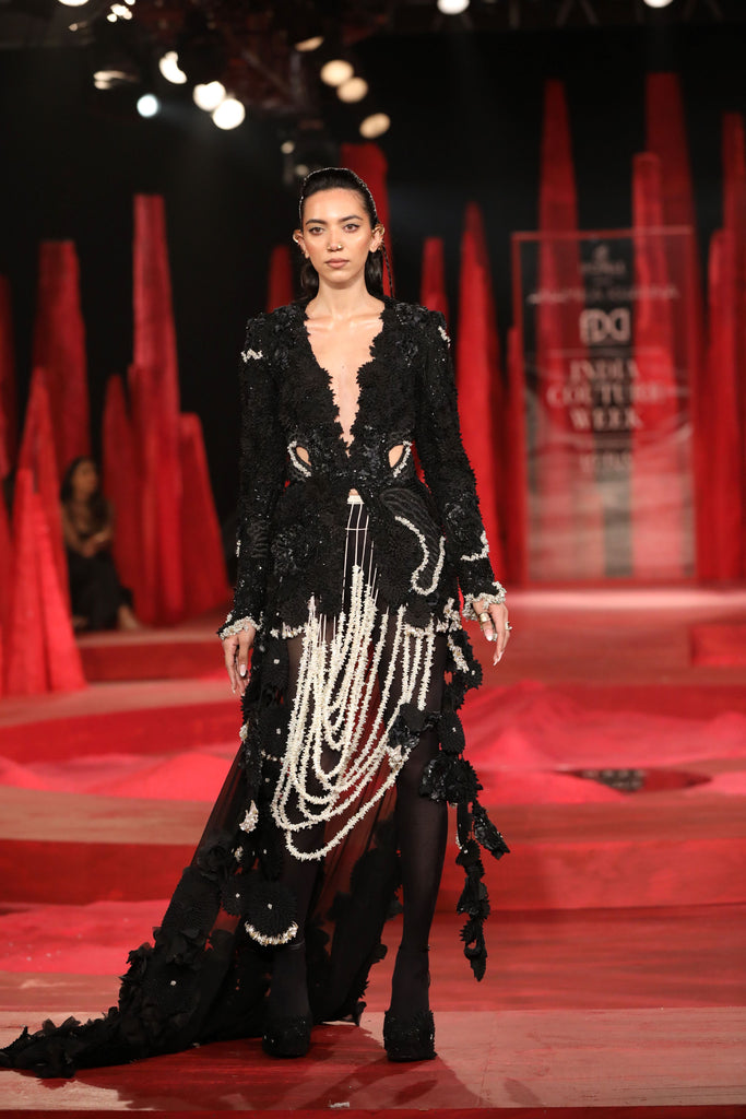 Floral fitted jacket with drape and skirt set