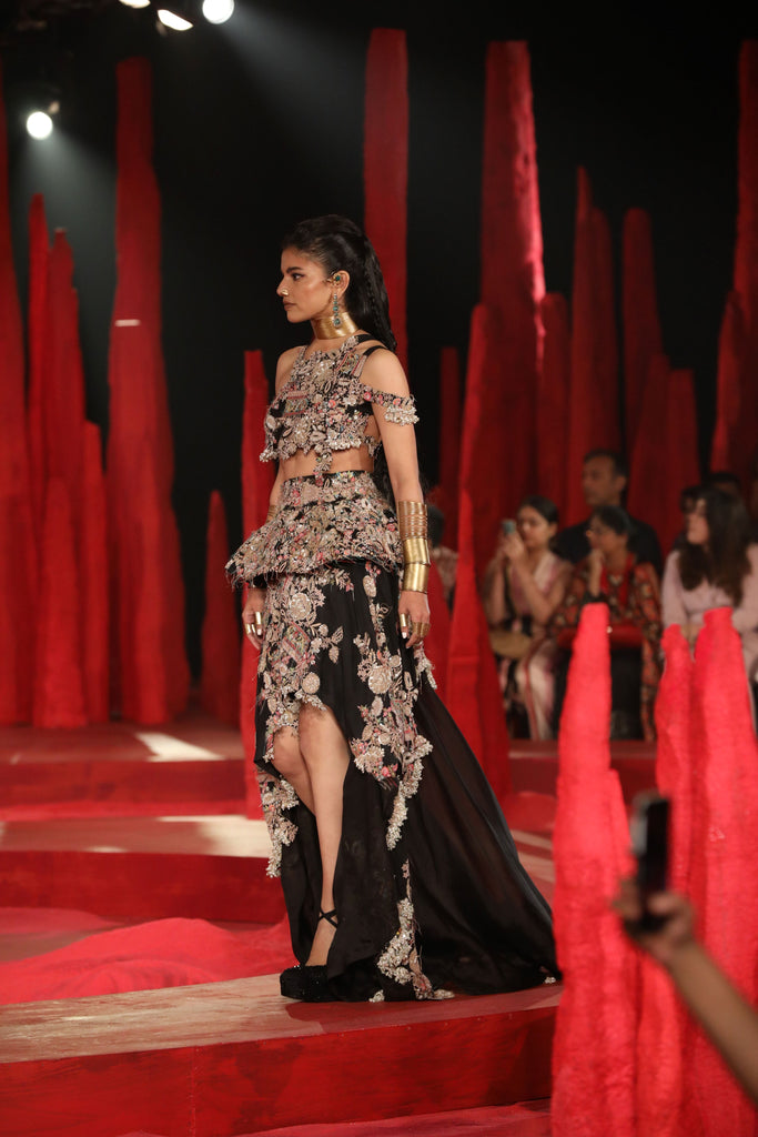 Zardosi floral resham embroidered off shoulder skirt set