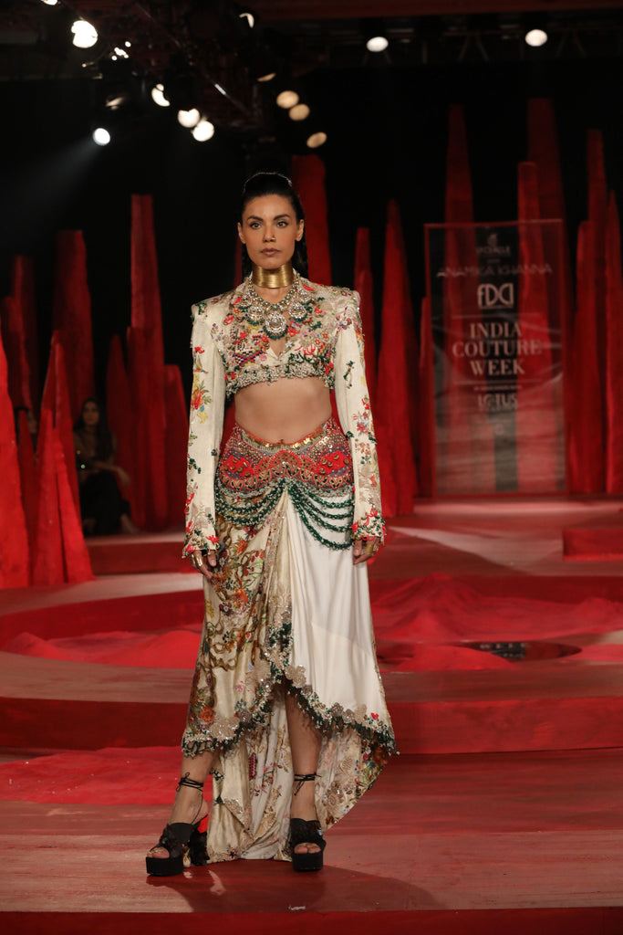 Printed short jacket with zardosi highlight set