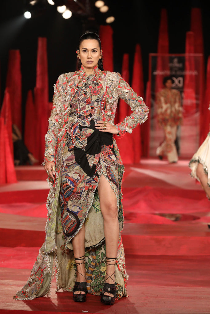 Patchwork embroidered longcoat with skirt set