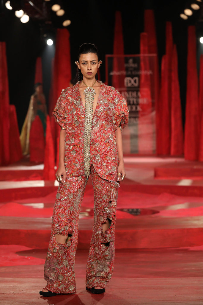 Resham floral with zardosi blazer and ripped pants set