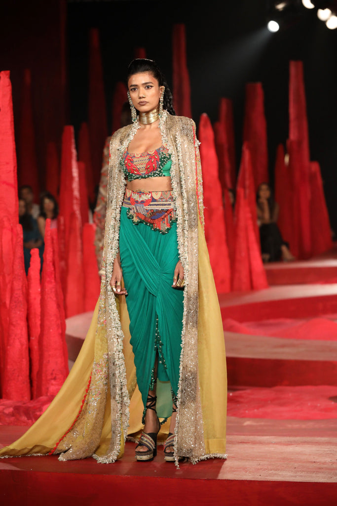 Floor length cape with tribal top with draped skirt set