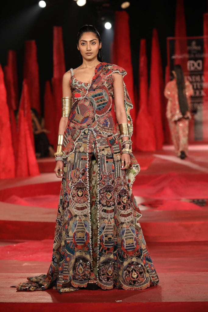 Tribal embroidered drape with front open skirt set