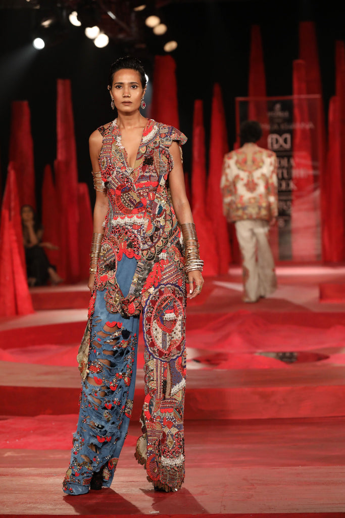 Tribal waistcoat with denim pants set