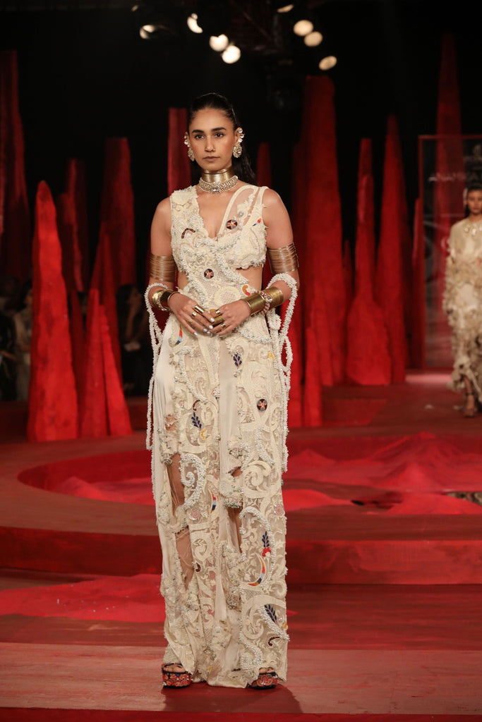 Lace criss cross drape with shredded pants set