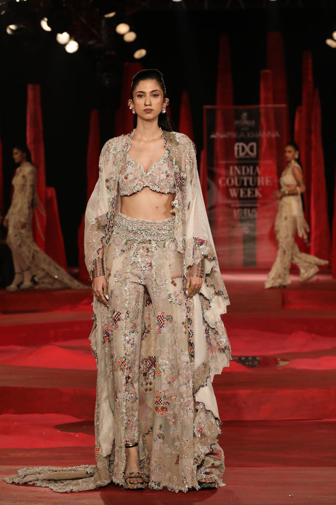 Zardosi floral resham top with cape set