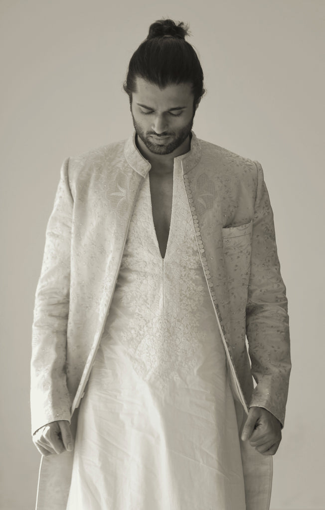 Chikankari self embroidery  Satin Achkan Set