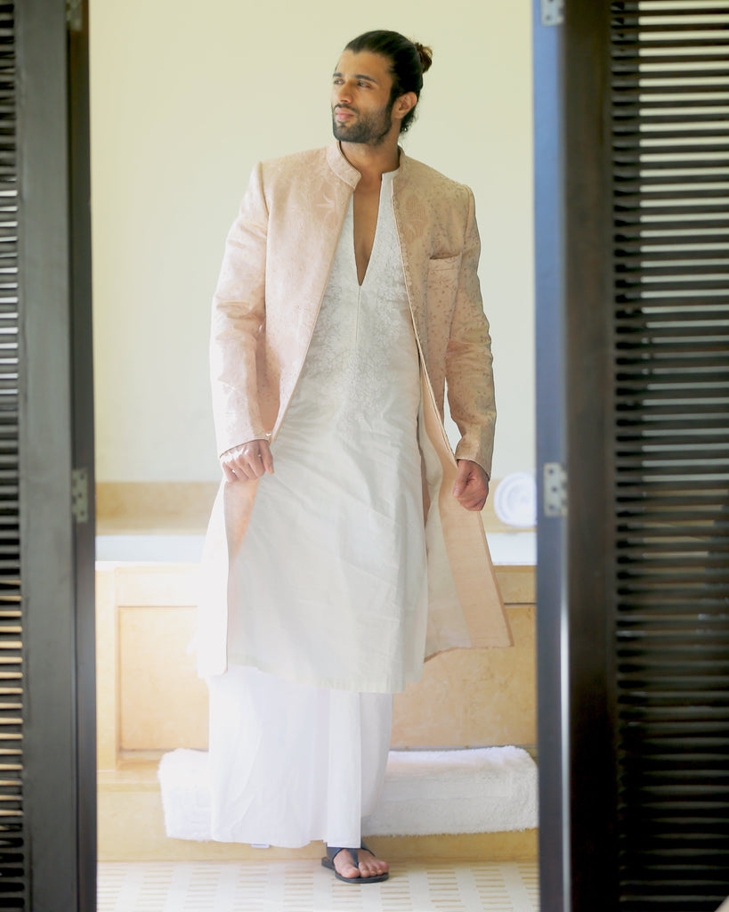 Chikankari self embroidery  Satin Achkan Set