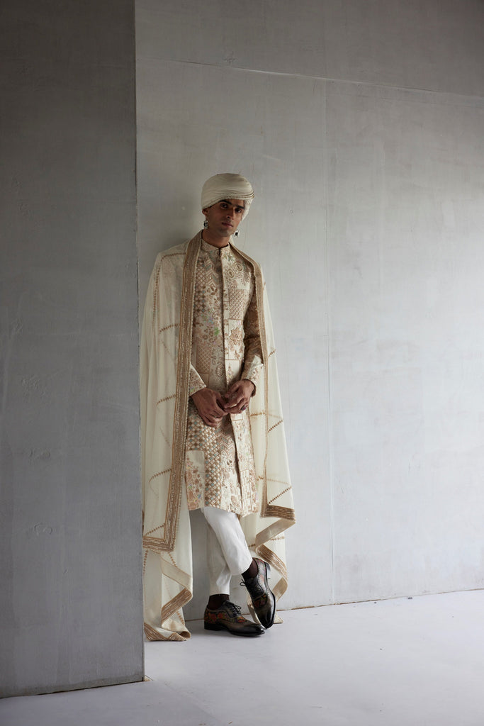 Geometrical Pattern Embroidery Sherwani Set