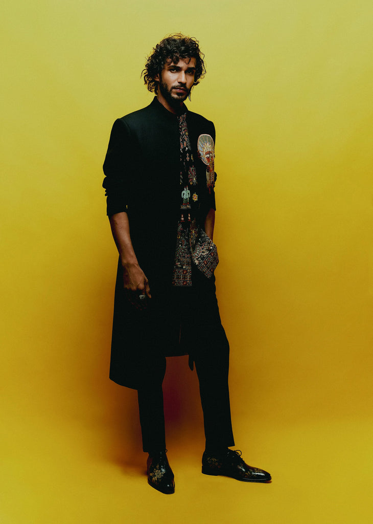 Tribal Patch Achkan With Emb. Vest Set