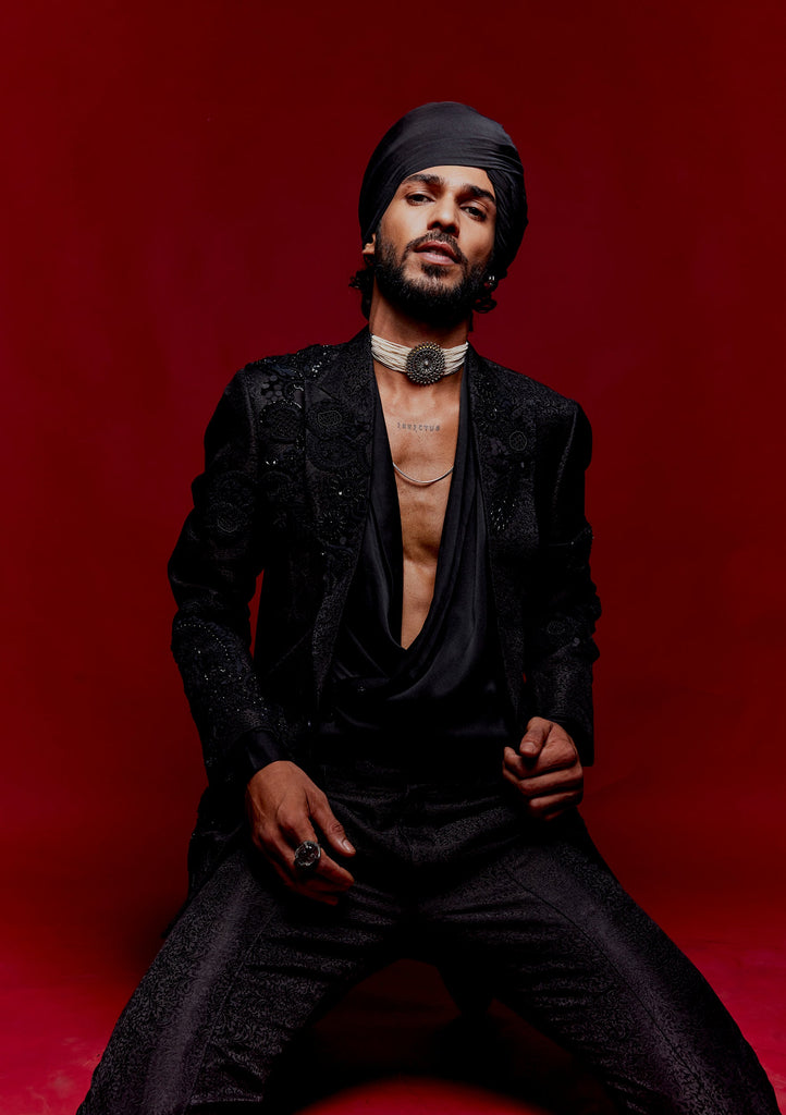 Grid Embroidery Achkan Set