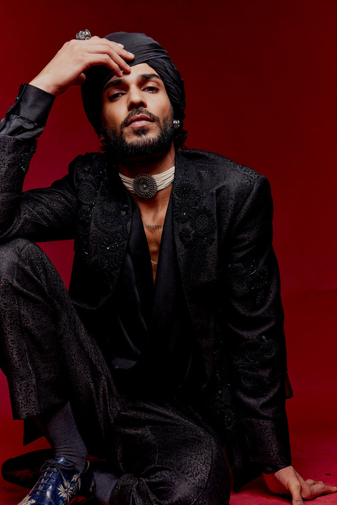 Grid Embroidery Achkan Set