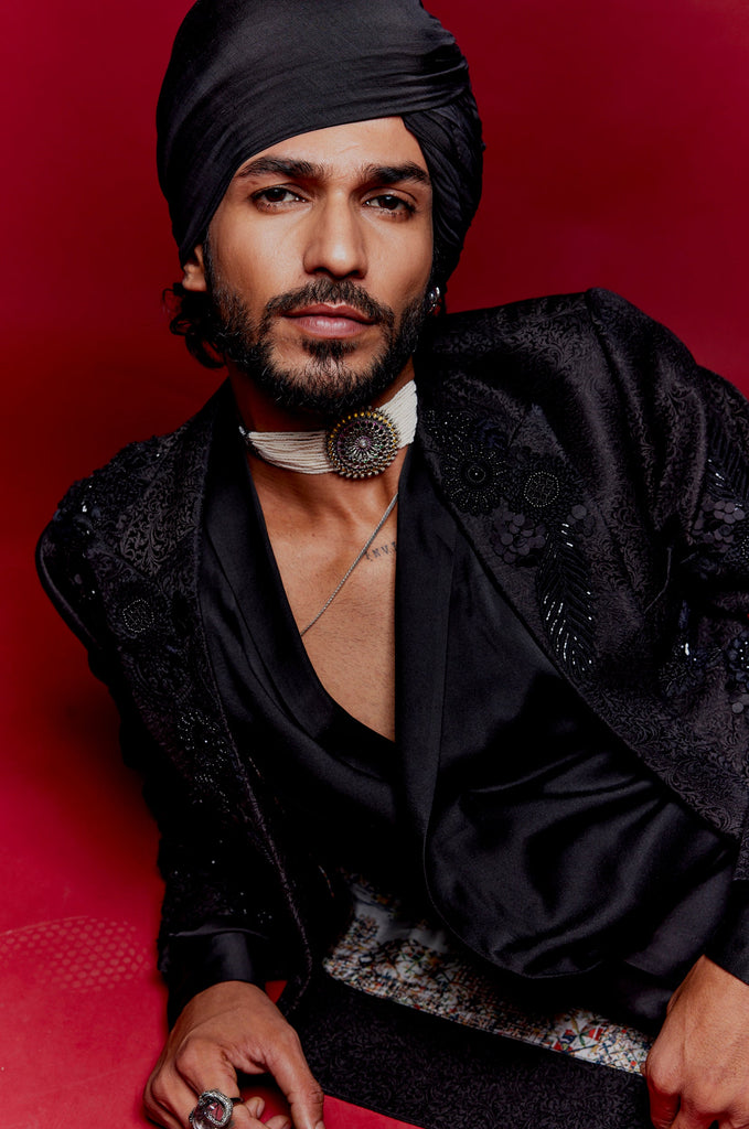 Grid Embroidery Achkan Set