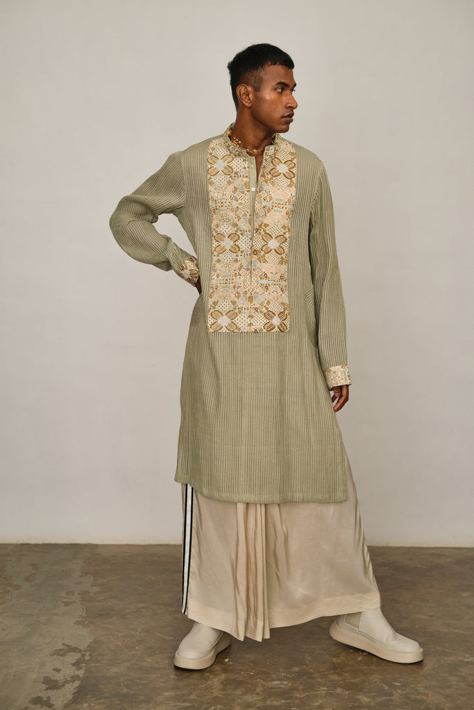 Strips Kurta With Textile Yoke Embroidery