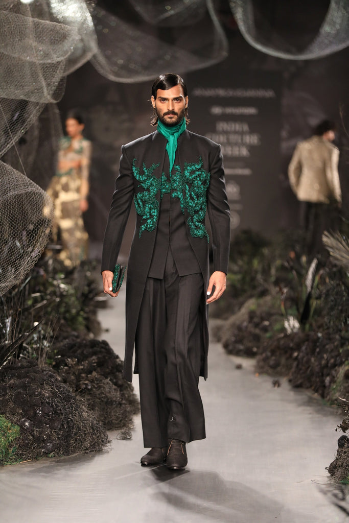 Emerald Beadwork 3 Pc Achkan Set